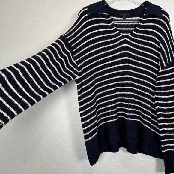 J. Crew women size XL relaxed collared sweater navy stripe cotton preppy - Picture 5 of 14